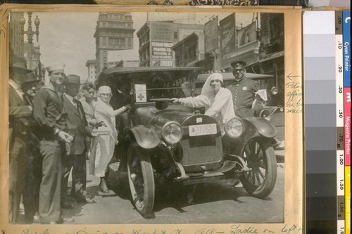 Police Officer Geo. Grunwald [right]. Red Cross Drive on Market St. 1918 - Ladie [sic] on left is Emma Bianchini and on the right Mollie Pinsler