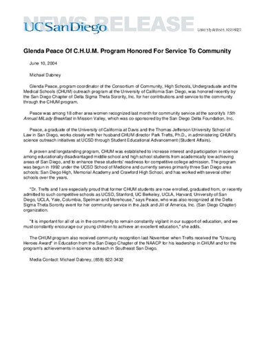 Glenda Peace Of C.H.U.M. Program Honored For Service To Community