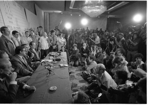 Post-election press conference denouncing voter fraud, Guatemala, 1982
