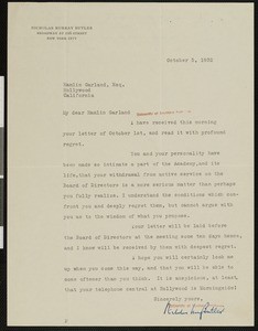 Nicholas Murray Butler, letter, 1932-10-05, to Hamlin Garland