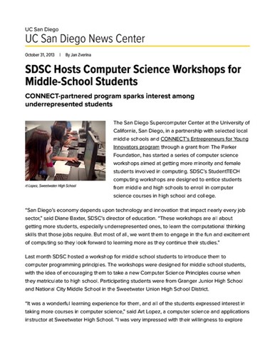 SDSC Hosts Computer Science Workshops for Middle-School Students