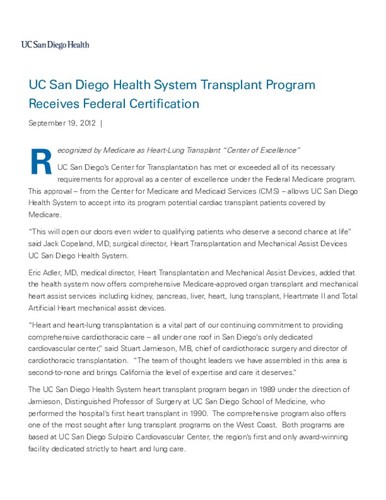 UC San Diego Health System Transplant Program Receives Federal Certification