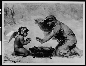 The painting "Cupid Freezing" by Aubert, depicting Cupid and a woman warming themselves in the wilderness