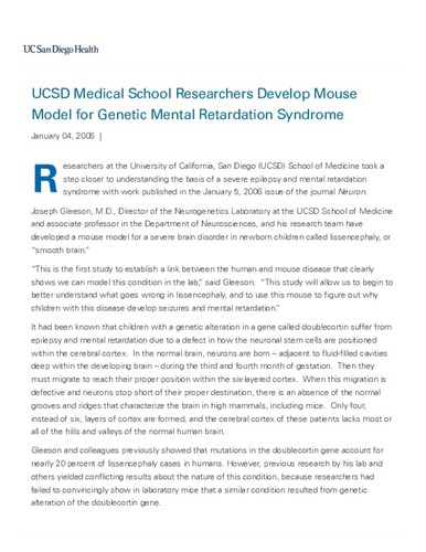 UCSD Medical School Researchers Develop Mouse Model for Genetic Mental Retardation Syndrome