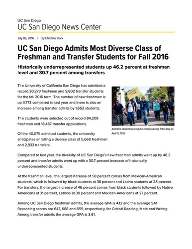 UC San Diego Admits Most Diverse Class of Freshman and Transfer Students for Fall 2016