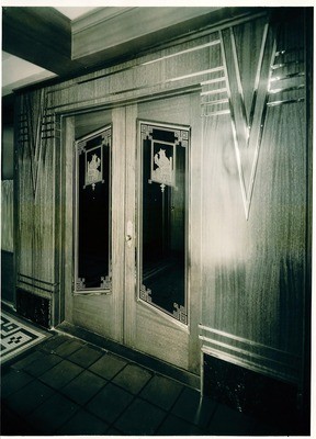 Stockton - Galleries and Museums: Doorway with glass, interior, Unidentified museum gallery