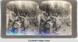 French Soldiers in the Argonne forest at meal with coffins for a table