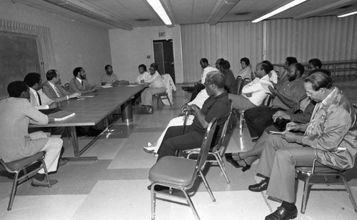 Southern Area NAACP Conference meeting attendees listening to speakers, Inglewood, California,1983