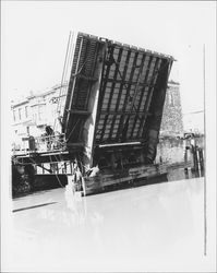 Washington Street draw bridge open for repairs, Petaluma, California, about 1953