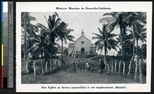 Tree-lined road leading to a stone church at Balade, New Caledonia, ca.1900-1930