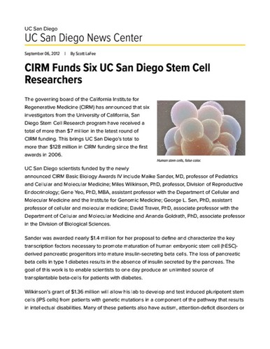 CIRM Funds Six UC San Diego Stem Cell Researchers