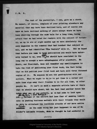 Letter from R[obert] U[nderwood] Johnson to John Muir, 1897 Dec 14