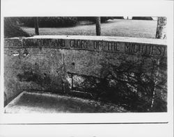Pride and pomp and glory of the mightiest--caption on curved stone bench and marker at Sonoma County Courthouse, Santa Rosa, California, Jan. 18, 1966