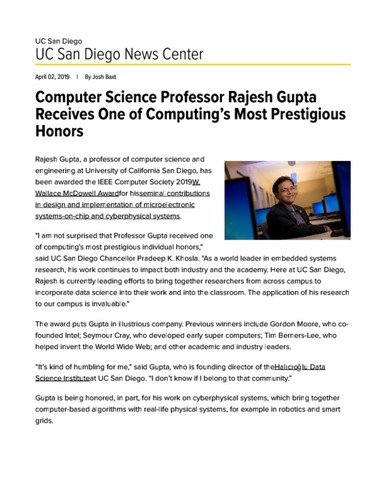 Computer Science Professor Rajesh Gupta Receives One of Computing's Most Prestigious Honors