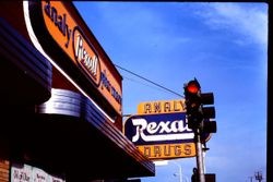 Analy Pharmacy Rexall Drug Store sign at approximately 186 North Main Street, Sebastopol, California, February 1977