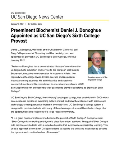 Preeminent Biochemist Daniel J. Donoghue Appointed as UC San Diego’s Sixth College Provost