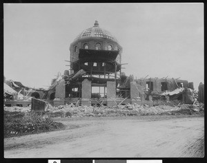 Exterior view of the Library at Stanford University following the 1906 earthquake, 1906