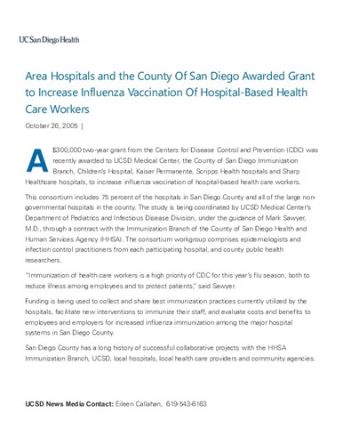Area Hospitals and the County Of San Diego Awarded Grant to Increase Influenza Vaccination Of Hospital-Based Health Care Workers