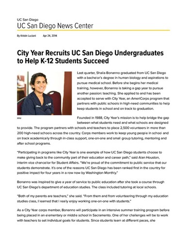 City Year Recruits UC San Diego Undergraduates to Help K-12 Students Succeed