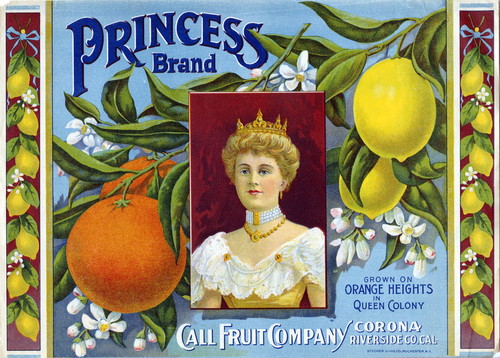 Crate label, "Princess Brand." Grown on Orange Heights in Queen Colony. Call Fruit Company. Corona, Riverside Co., Calif