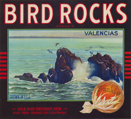 Crate label Bird Rocks Brand, Villa Park Orchards Ass'n, Inc., Villa Park, California