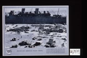 British and American troops arrive. A scene at a harbour in French North Africa where thousands of British and American troops with full equipment and immense stores disembark from one of the many ships which convoyed them safely from the United Kingdom. They were welcomed by the local inhabitants