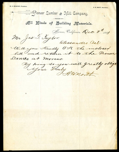 Letter from Pioneer Lumber and Mill Company to James T. Taylor, 1891-12-02