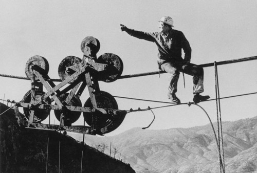 Cable rigger during construction of Shasta Dam