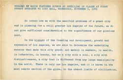 Remarks Of Mayor Fletcher Bowron at Unveiling of Plaque at First Street Entrance to City Hall, Wednesday, November 5, 1941