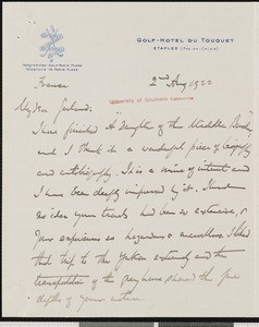 Gilbert Parker, letter, 1922-08-02, to Hamlin Garland