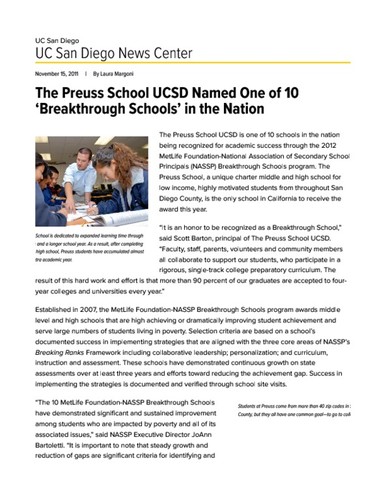 The Preuss School UCSD Named One of 10 ‘Breakthrough Schools’ in the Nation