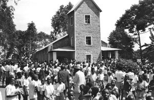 Rwantege Church in the Kagera Region, Tanzania. The congregation assembled in front of the chur