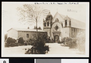 Postcard of the exterior of Mission Carmel, ca.1935