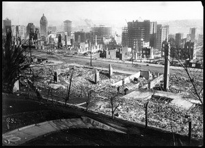 Panoramic view of San Francisco earthquake damage, showing the heart of the business district, 1906