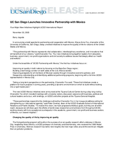 UC San Diego Launches Innovative Partnership with Mexico--Four Major New Initiatives Highlight UCSD International Report