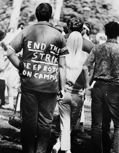 Student wearing a shirt with words "End the Strike keep ROTC on campus"on the back, USC, 1970