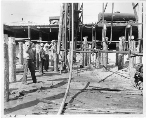 Workers at the construction site of Pacific Ocean Park's Sea Circus attraction, Santa Monica, Calif