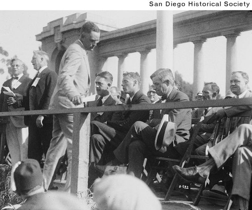 Will Rogers seated next to Charles A. Lindbergh in Balboa Stadium for a reception to honor Lindbergh's transatlantic flight