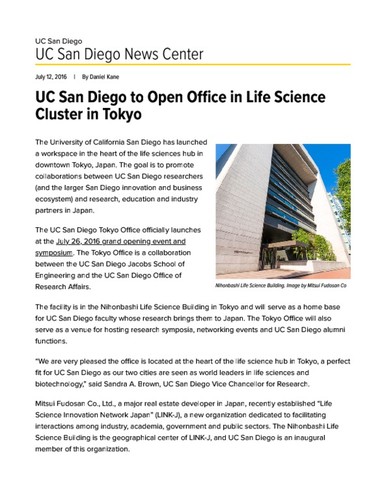 UC San Diego to Open Office in Life Science Cluster in Tokyo