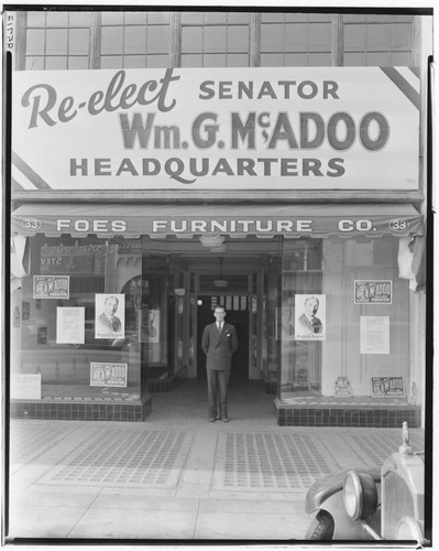Foes Furniture as Senator William McAdoo headquarters, 33 East Colorado, Pasadena. 1938