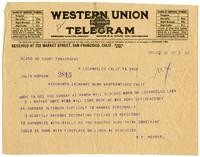 Telegram from William Randolph Hearst to Julia Morgan, June 18, 1926
