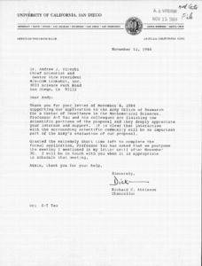 Letter, Richard C. Atkinson to Andrew J. Viterbi, November 12, 1984