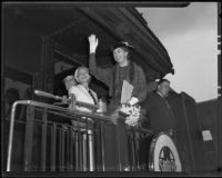Eleanor Roosevelt waving at Central Station with Malvina Thompson and Mayris Chaney, Los Angeles, 1935