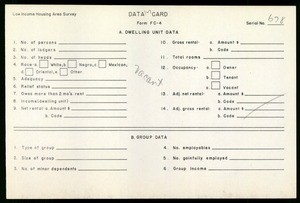 WPA Low income housing area survey data card 127, serial 678, vacant