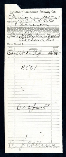 Receipt from the Southern California Railway Company, 1891-01-25
