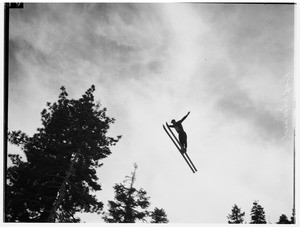 Man in skis wearing the number 82 on his sweater, soaring over the tops of trees with his arms spread, Big Pines