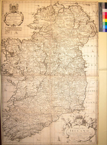 A correct map of Ireland : divided into it's provinces, counties, and baronies shewing the roads and the distances of places in computed miles by inspection, where barraques are erected &c. London. Printed and Sold by Thos. Jefferys Geographer to his Royal Highness the Prince of Wales at the corner of St. Martins Lane in the Strand, and by W. Herbert on London Bridge. 1749