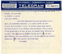 Telegram from William Randolph Hearst to Julia Morgan, March 29, 1921
