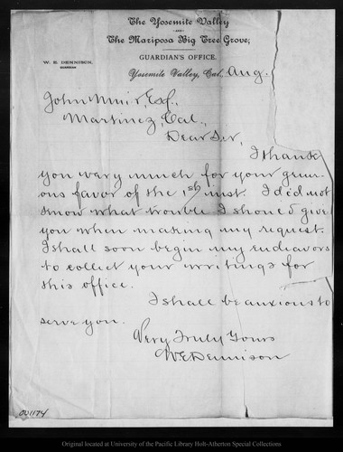 Letter from W. E. Dennison to John Muir, [1885?] Aug