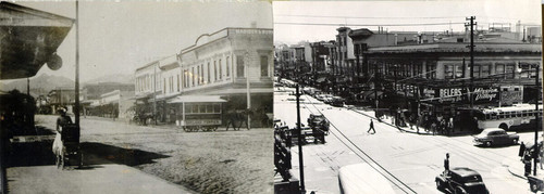 [Two views of 16th & Mission Street in 1886 and 1935]